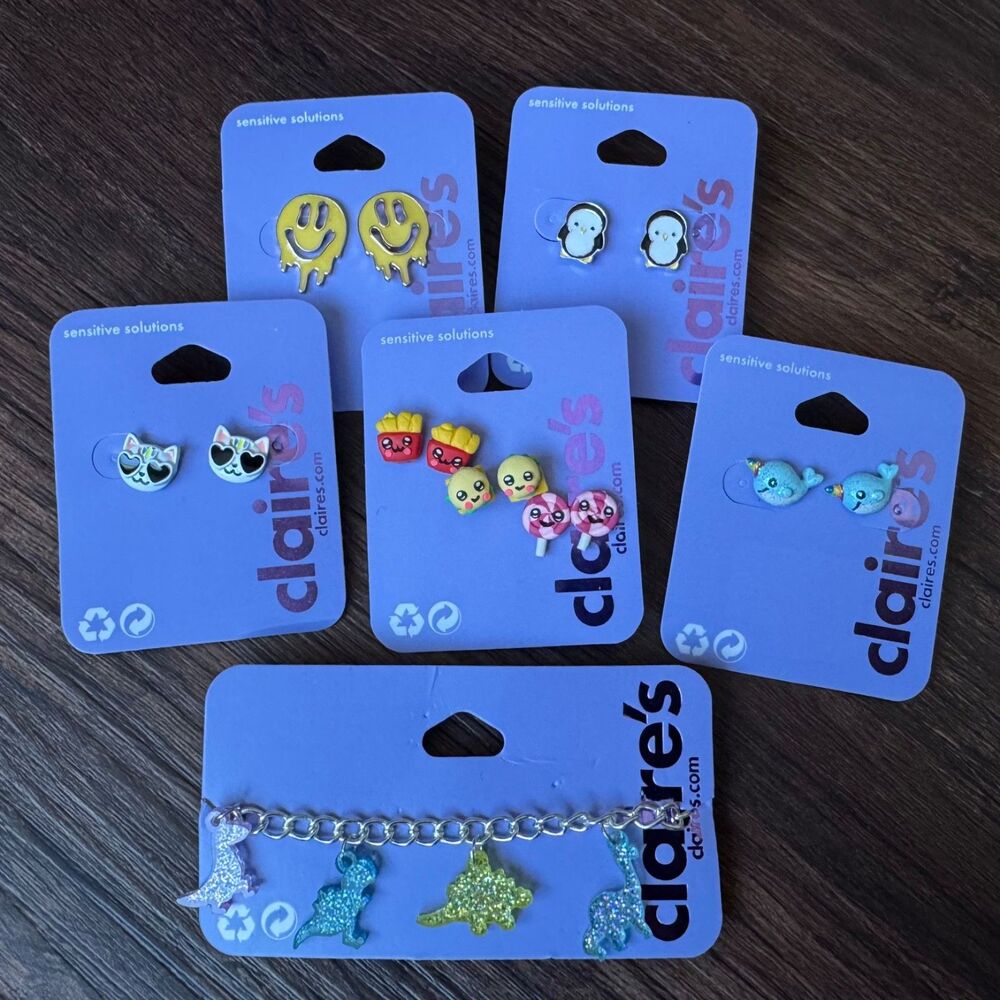 Claire’s Lot: 7 New Post Earrings Sensitive & Glitter Dino Choker Animals Cute